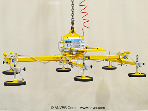 ANVER Air Powered Vacuum Generator with Six Pad Lifting Frame with Foam Sealing Rings for Lifting & Handling Steel Sheets 10 ft x 6 ft (3.1 m x 1.8 m) up to 900 lb (408 kg)